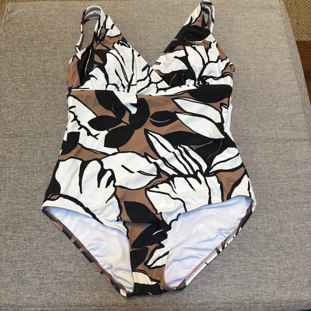 LANDS’ END WOMEN’S FLORAL PRINT V-NECK ONE PIECE SWIMSUIT, MED